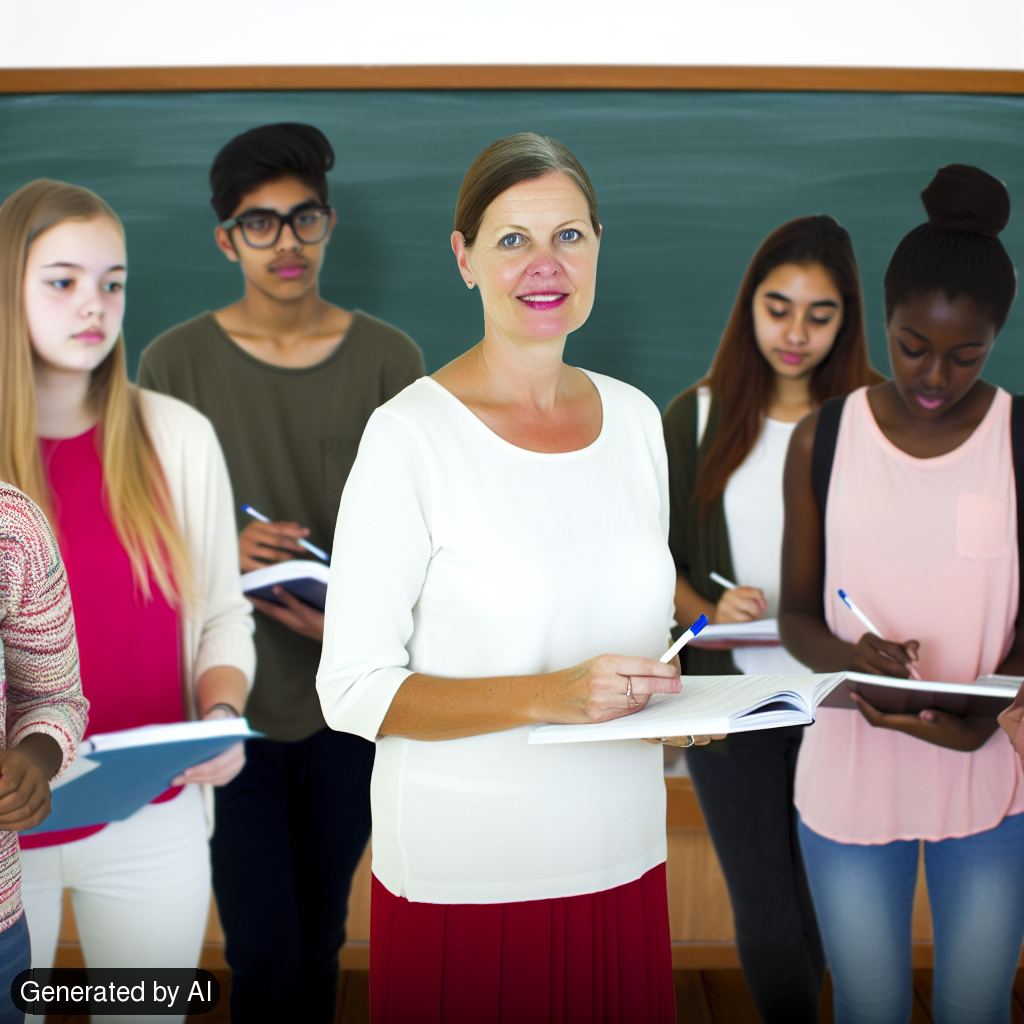 An image of a White teacher, warmly welcoming a mixed group of students to their classroom. They are standing at the front, next to a chalkboard. Some students, consisting of Hispanic, Black, South Asian, and Middle-Eastern descents, are preparing their study materials, adding a sense of anticipation and excitement for the class to start. - Generated by AI